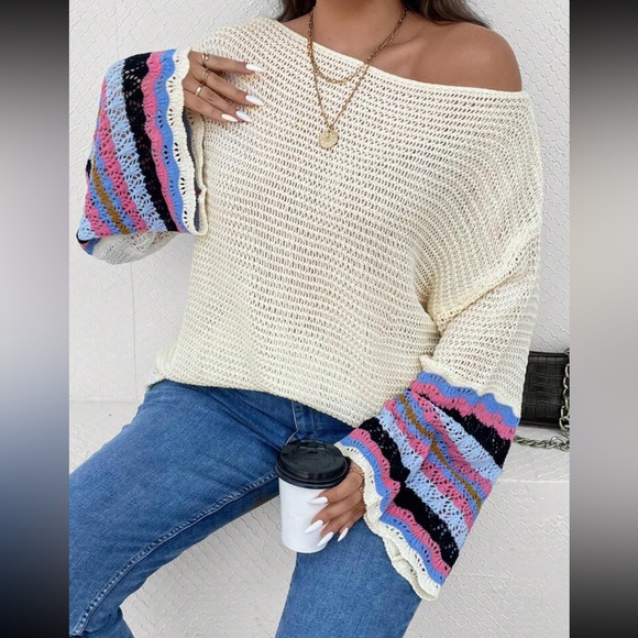 Plus Size Sheer Loose Knit Striped Pattern Drop Shoulder Sweater Top - Picture 1 of 7